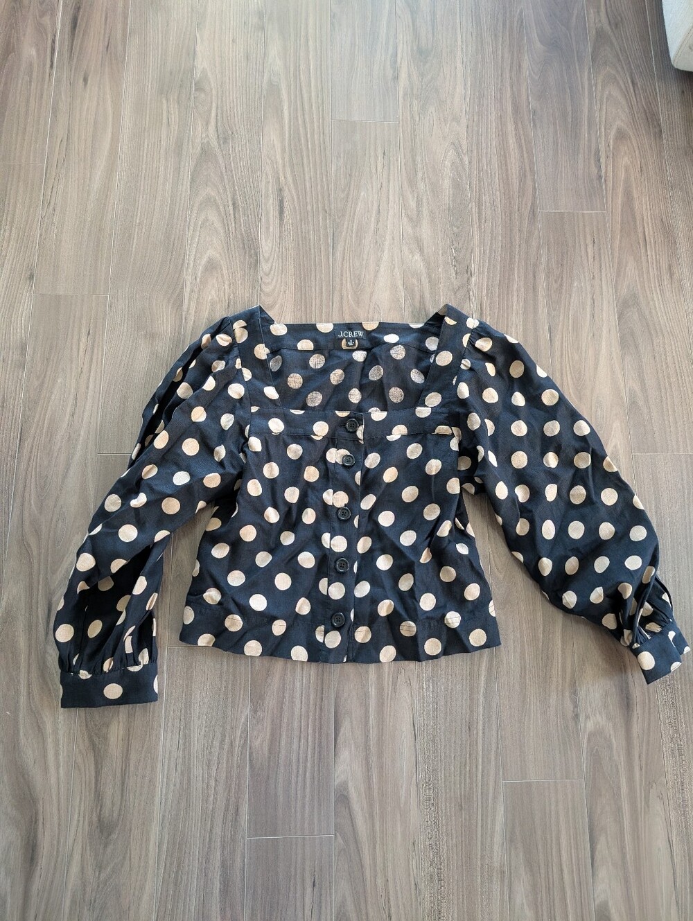 J. Crew Black Top with Cream Polka Dots, Puff Sleeves, Square Neck (Size Medium)